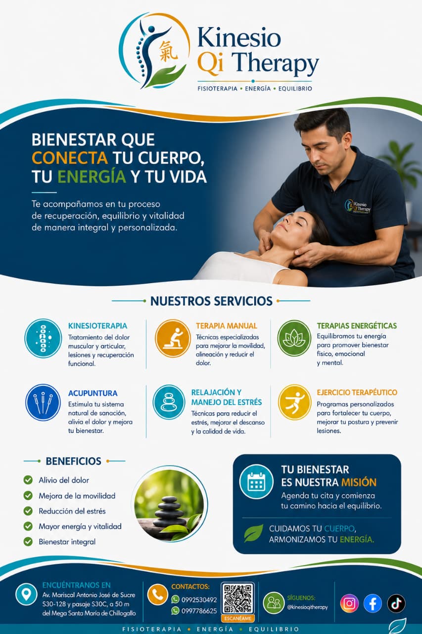 Afiche del evento de Kinesio Qi Therapy con servicios, beneficios e información de contacto